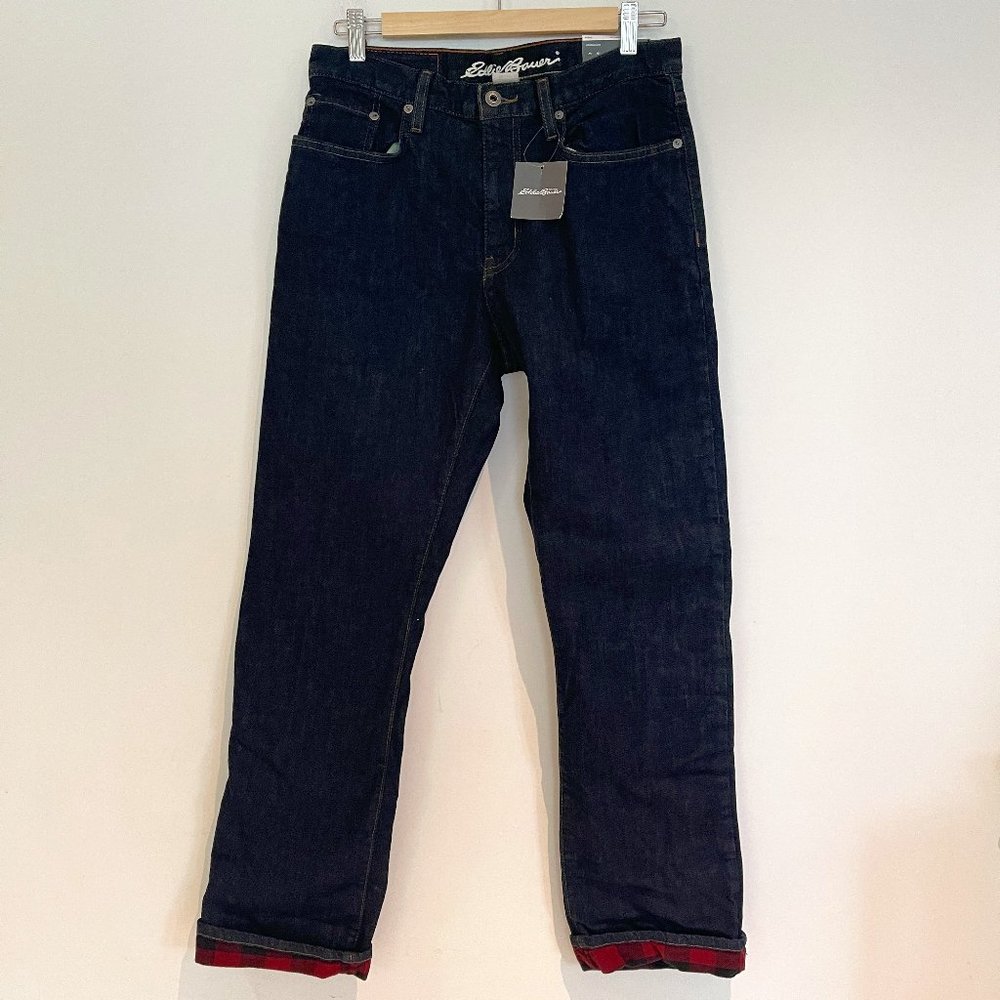 Eddie Bauer Men Red Flannel Lined Flex Classic Straight Fit Jeans Size 30/32 NWT